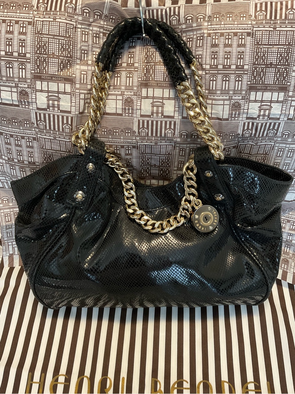 Henri Bendel Maison Snake Embossed Chain Hobo with Mirror